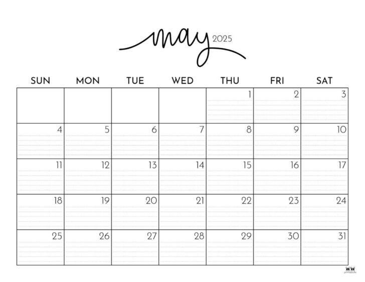 May Calendar 2025 Numbers Printable