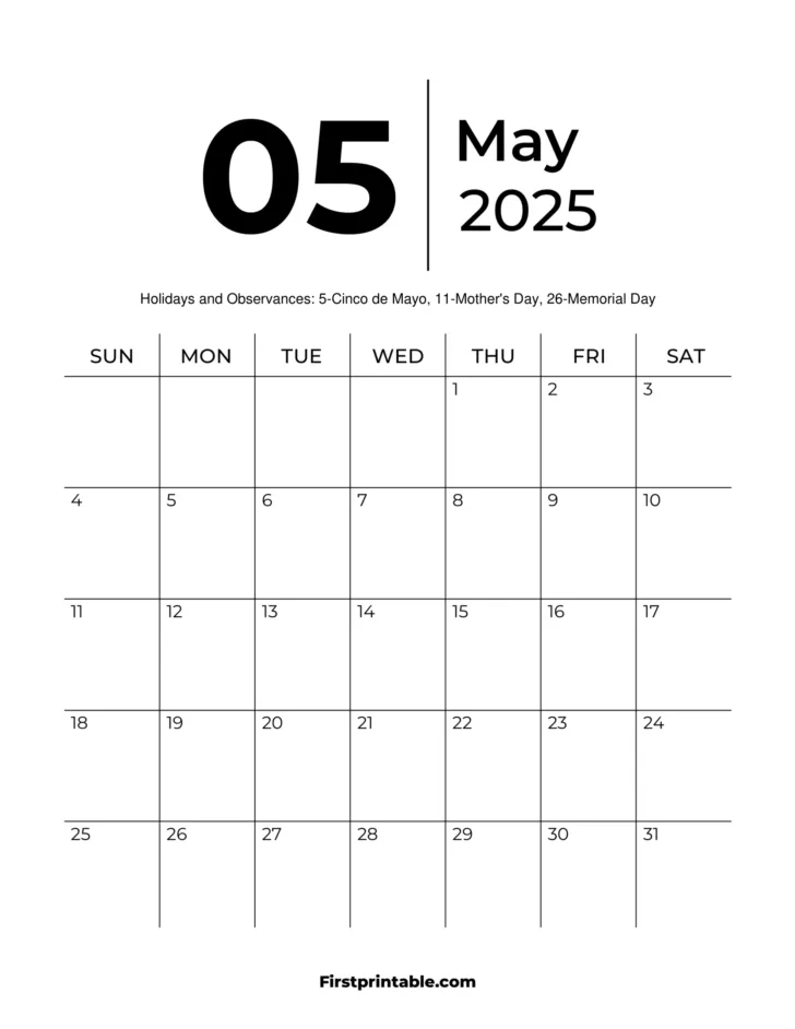 May 2025 Calendar Printable Word