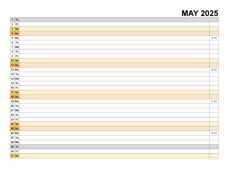 Printable May 2025 Calendar with Lines