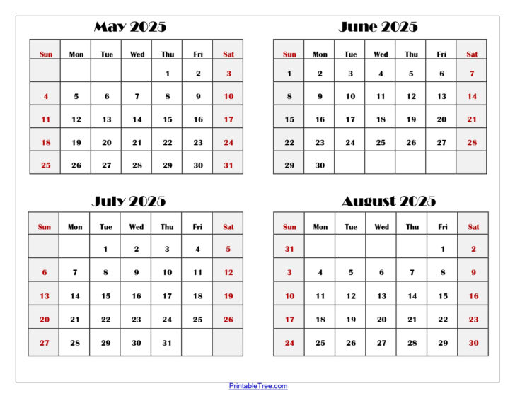 May June July August 2025 Calendar Printable