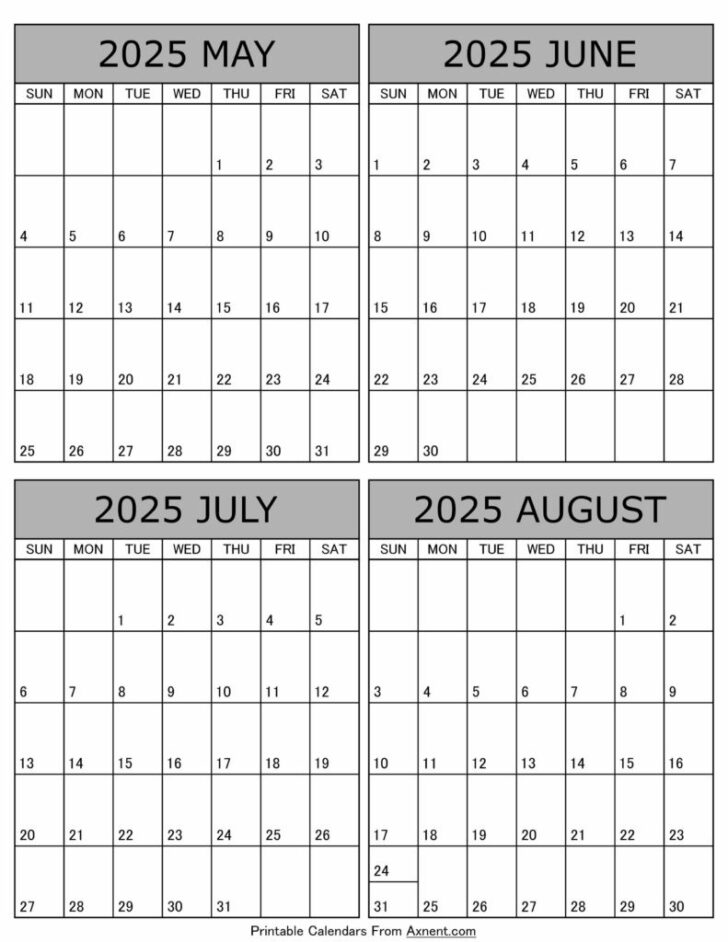 May June July August Calendar 2025