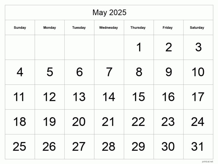 Month of May 2025 Printable Calendar