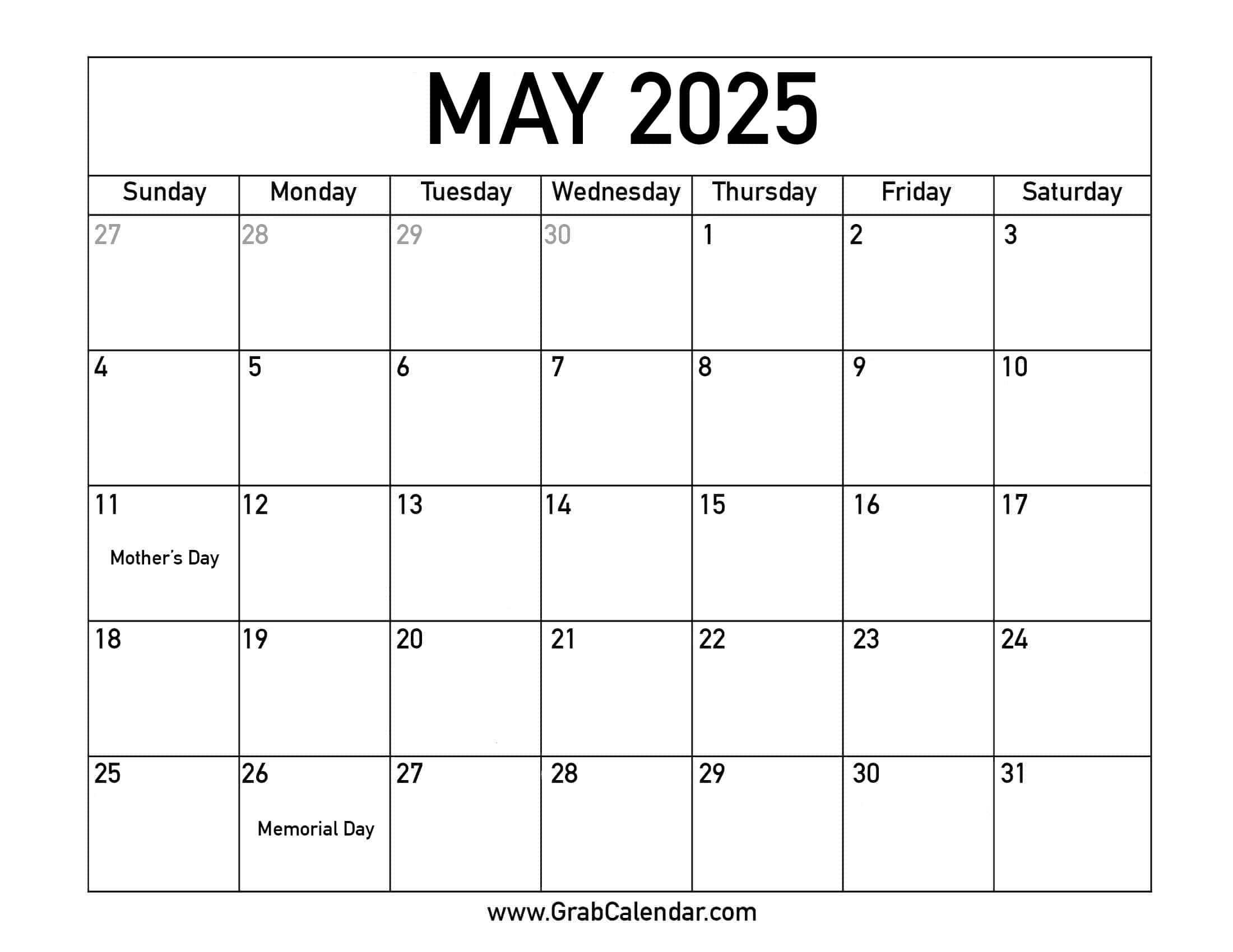 Printable May 2025 Calendar for May 2025 Holiday Calendar