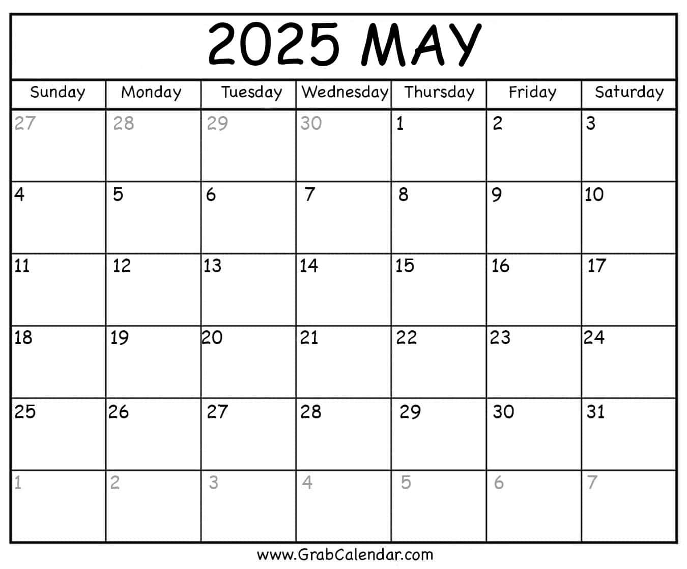 Printable May 2025 Calendar in Month of May Calendar 2025