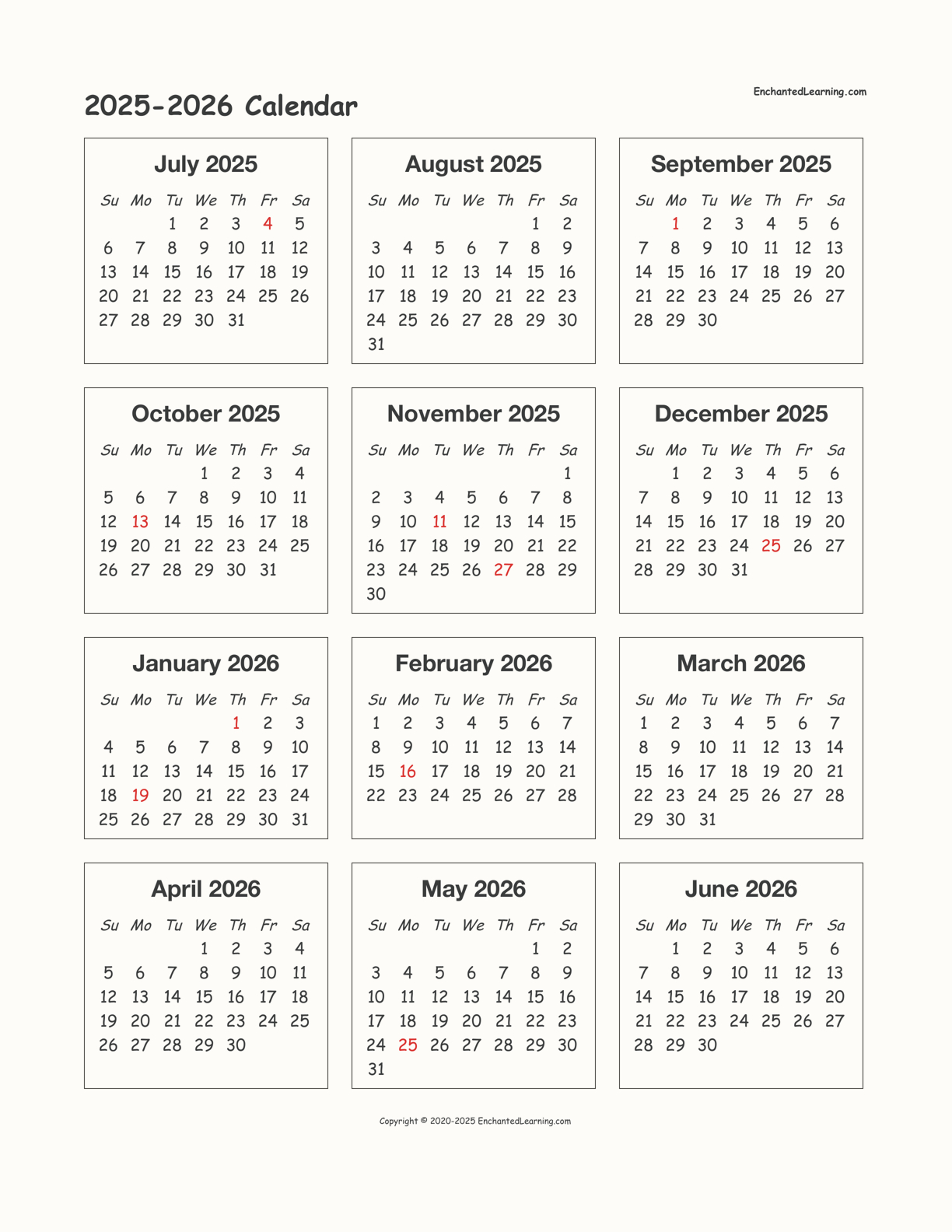 2025-2026 School-Year One-Page Calendar - Enchanted Learning for June 2025 To June 2026 Calendar