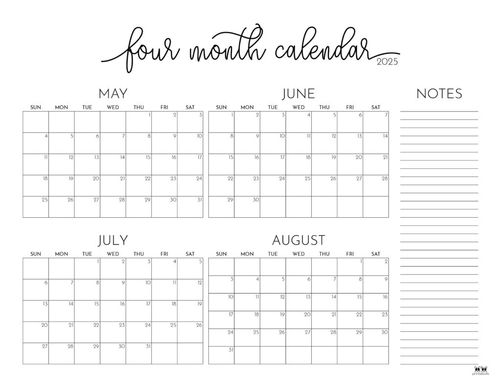 2025 Four Month Calendars - 31 Free Printables | Printabulls intended for April May June July 2025 Calendar