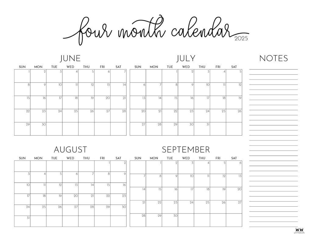 2025 Four Month Calendars - 31 Free Printables | Printabulls pertaining to June - September 2025 Calendar