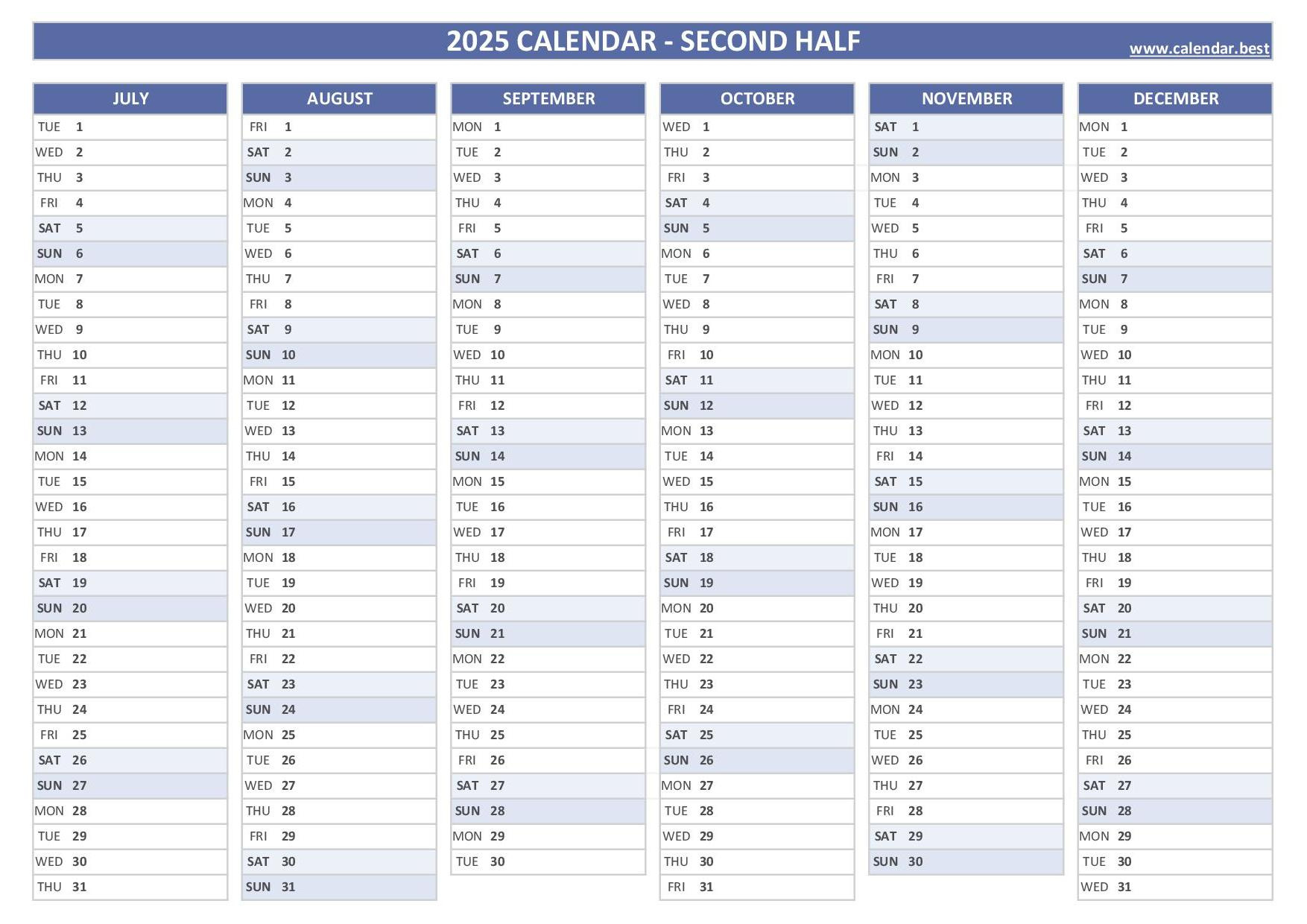 2025 Half Year Calendar To Print in June 2025 Calendar General Blue