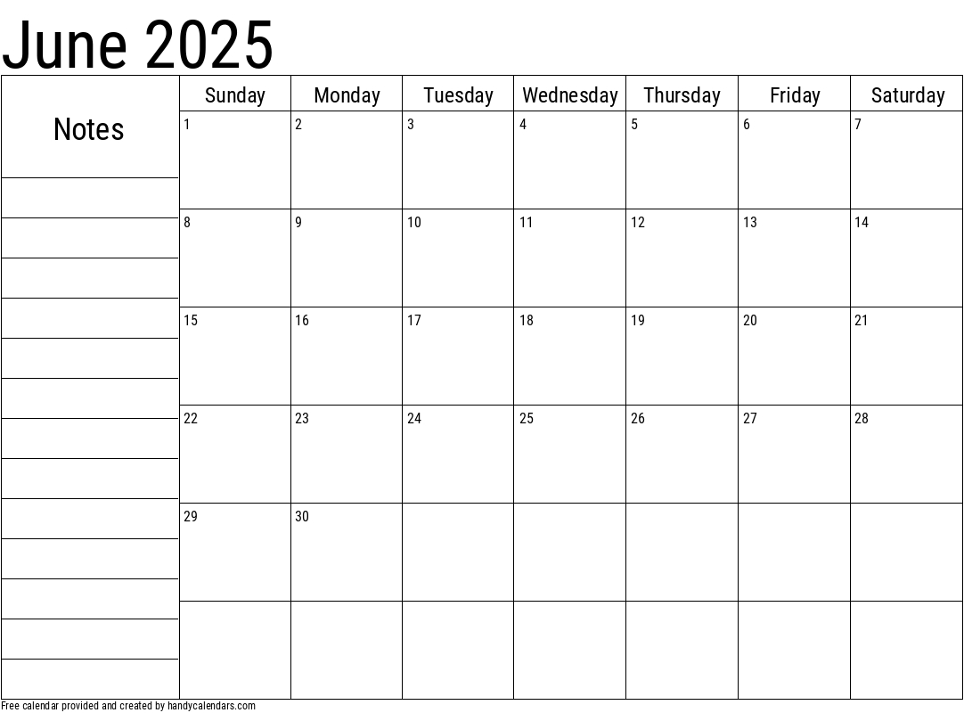 2025 June Calendars - Handy Calendars regarding June 2025 Calendar with Notes