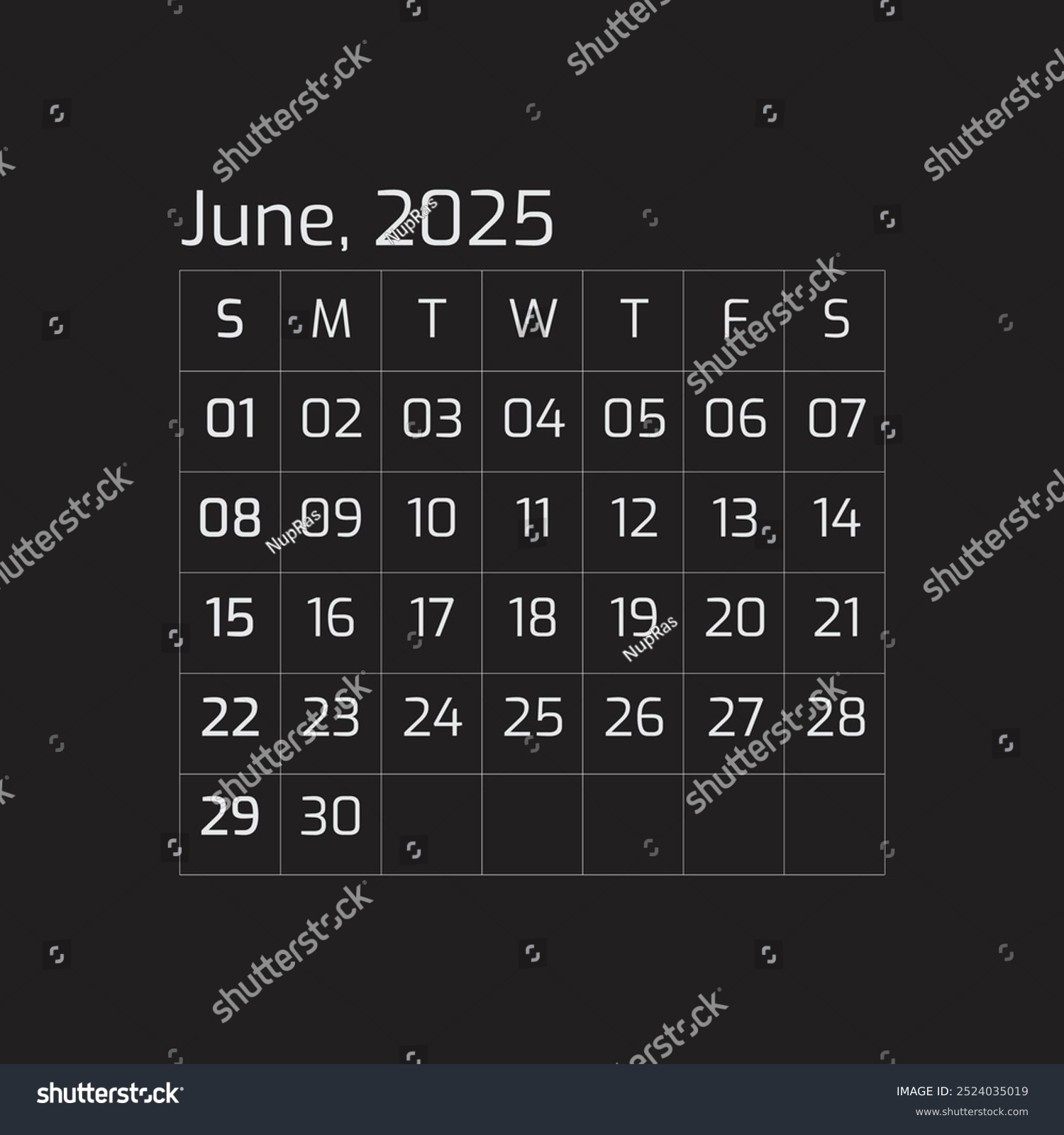 2025 June Year Dark Calendar Single Stock Vector (Royalty Free inside June 2025 Calendar Black Background