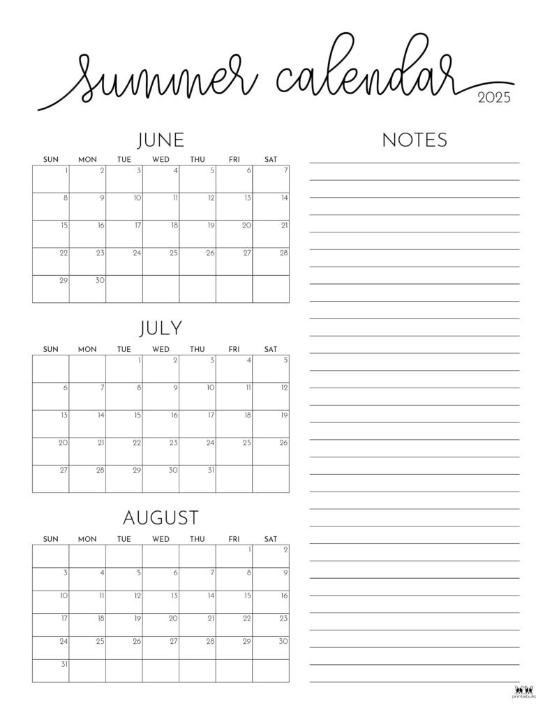 2025 Summer Calendars - 27 Free Printables | Printabulls with regard to Calendar June - August 2025