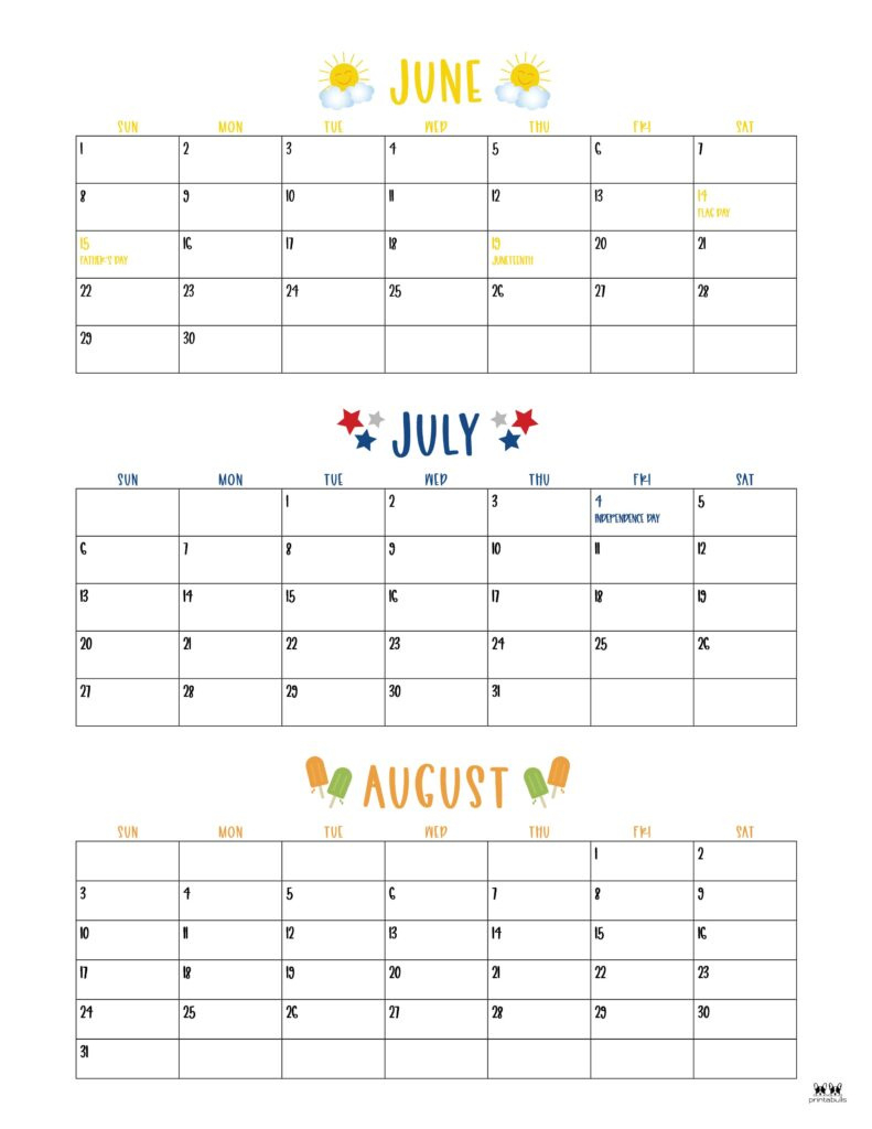 2025 Summer Calendars - 27 Free Printables | Printabulls within June August Calendar 2025