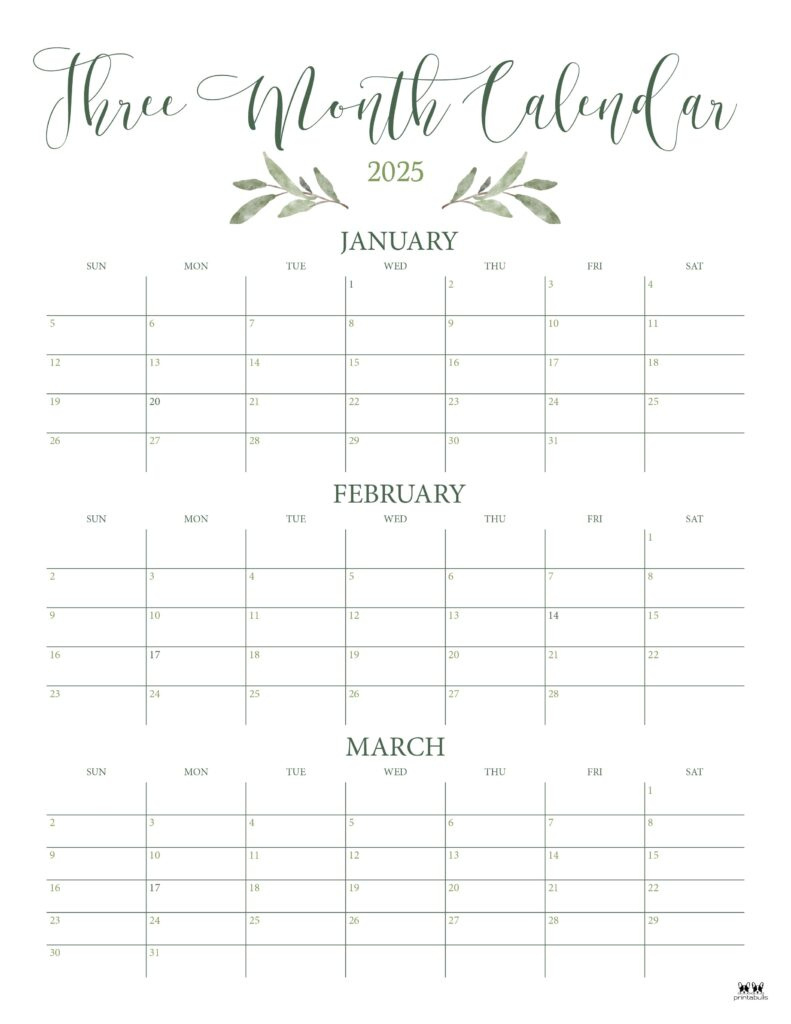 2025 Three Month/Quarterly Calendars - 36 Free Cals | Printabulls for 3 Month Calendar 2025 June July August