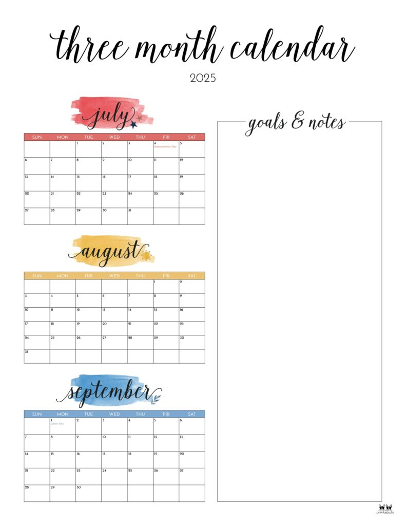 2025 Three Month/Quarterly Calendars - 36 Free Cals | Printabulls pertaining to 3 Month Calendar Printable June July August 2025