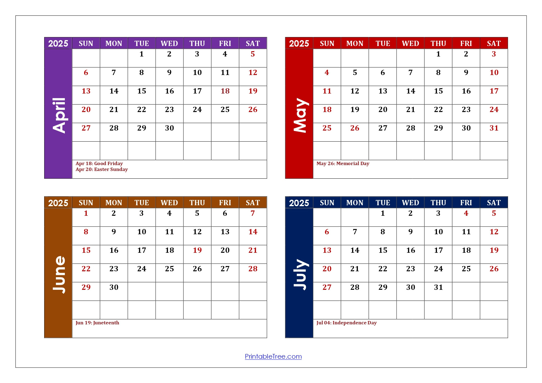 April To July 2025 Calendar Printable Pdf | Four Months Calendar for April May June July Calendar 2025