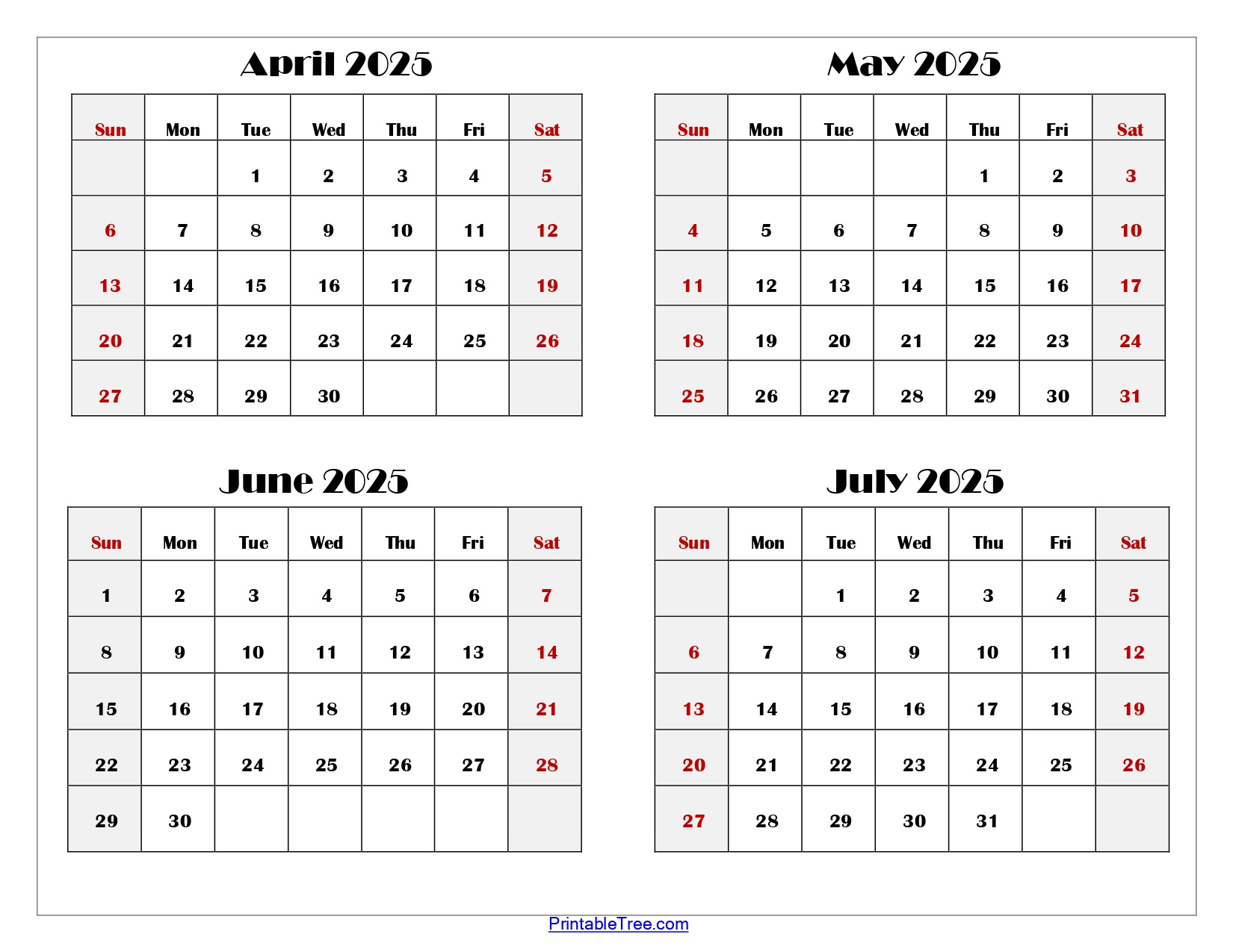 April To July 2025 Calendar Printable Pdf | Four Months Calendar inside April May June July Calendar 2025