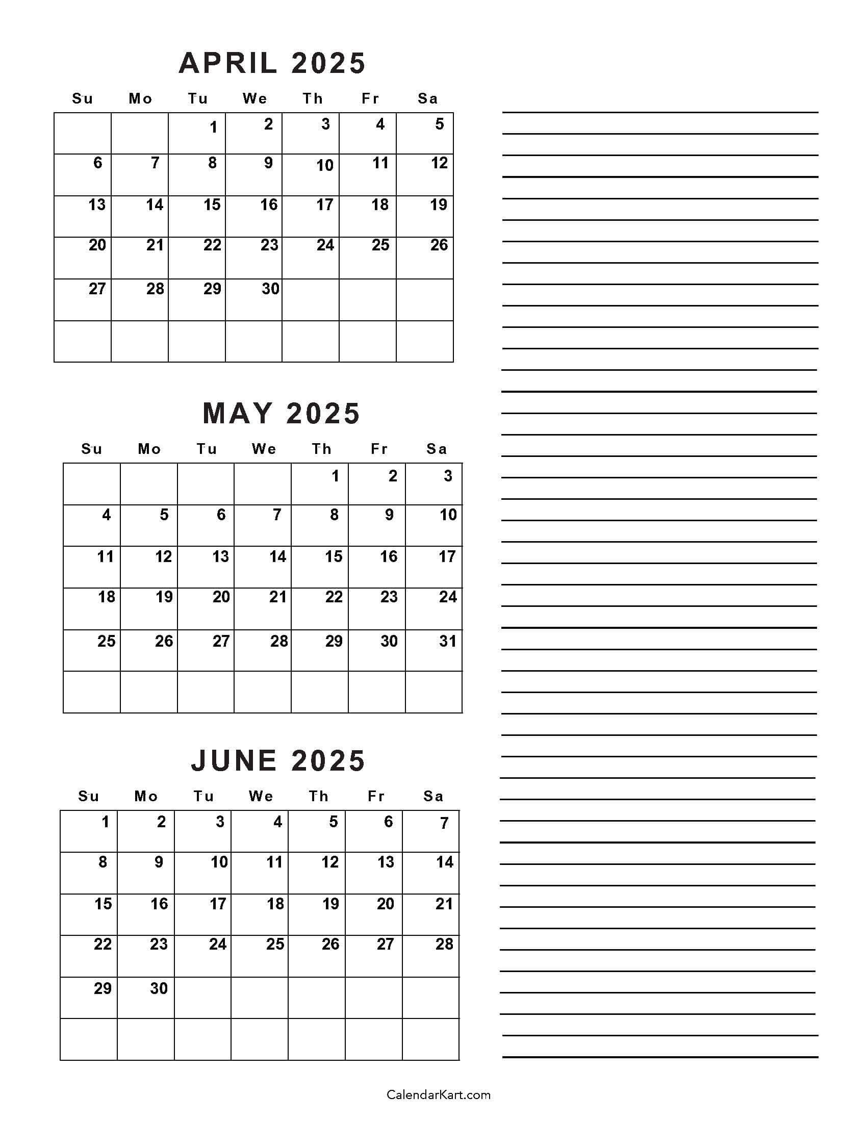 April To June 2025 Calendars (Q2): Free Printables regarding April May June Calendar Printable