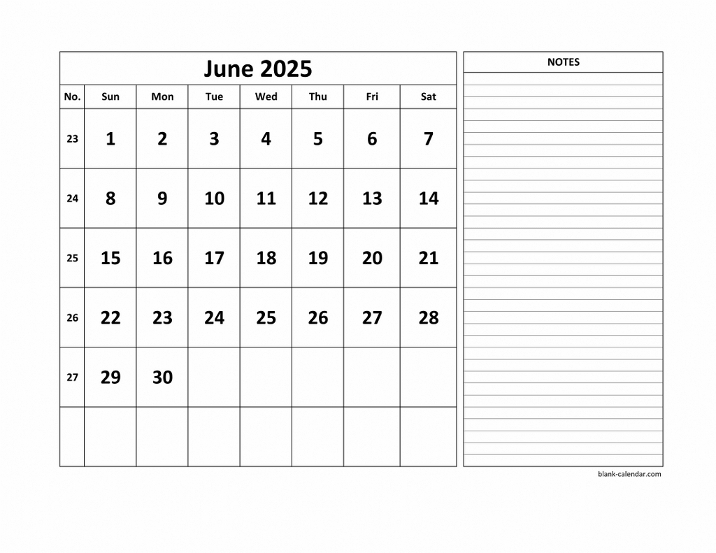 Free Download Printable June 2025 Calendar, Large Space For pertaining to June 2025 Calendar with Notes