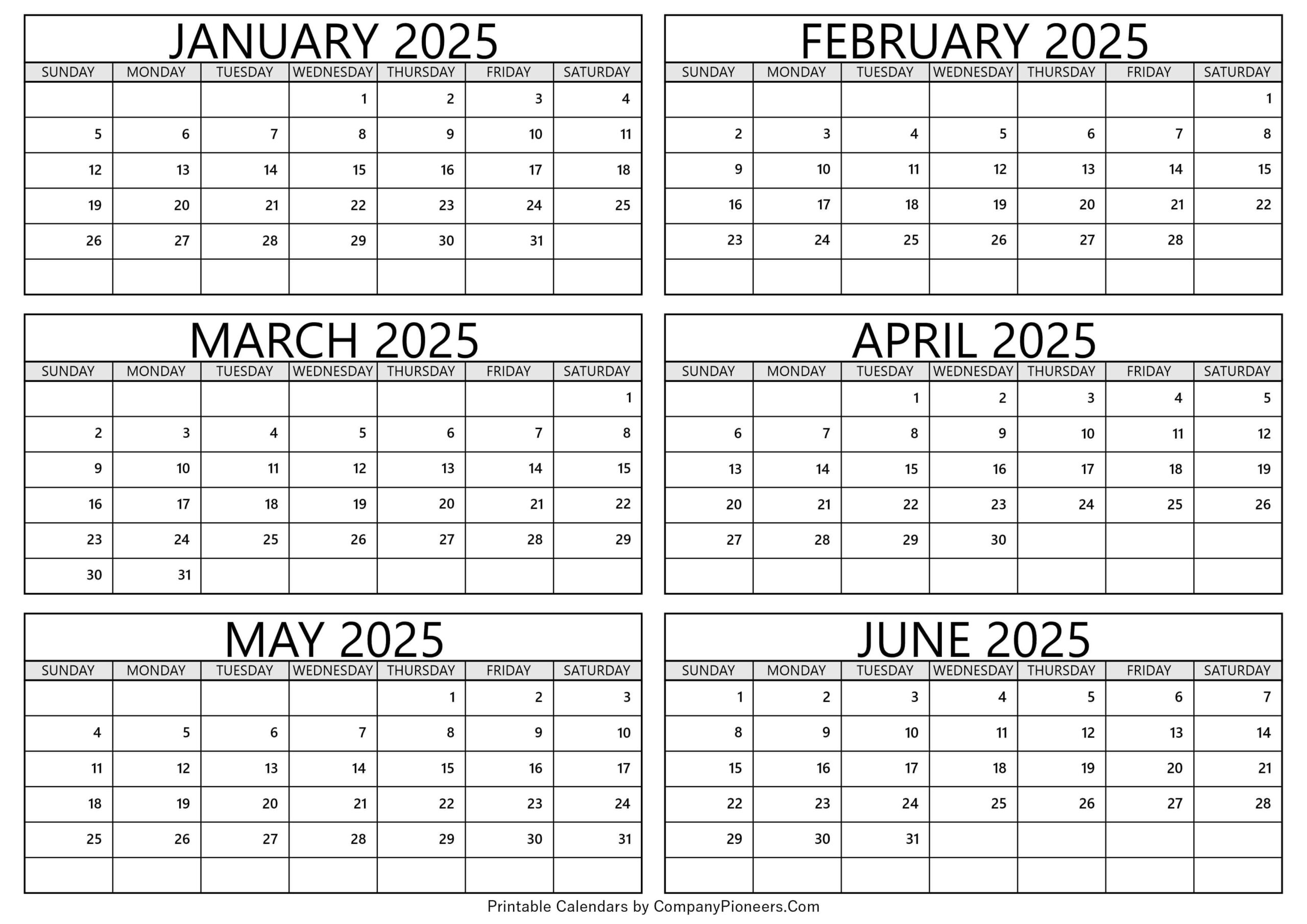 January To June 2025 Calendar Printable - Template pertaining to January June 2025 Calendar Printable