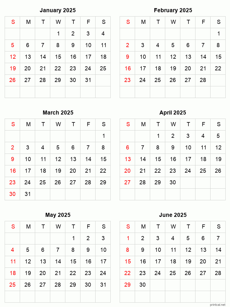 January To June 2025 Printable Calendar | Six Months Per Page with January June 2025 Calendar Printable