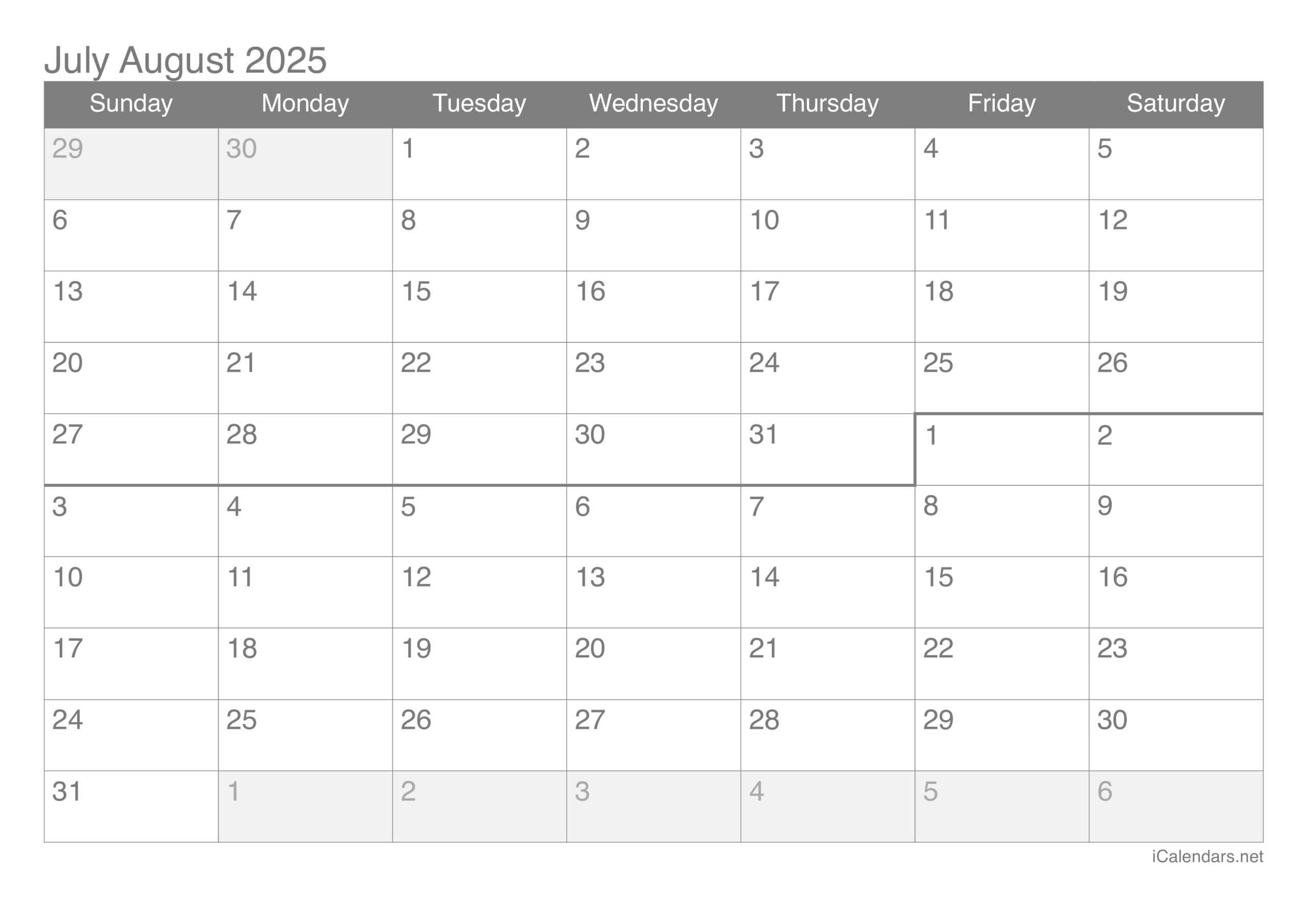 July And August 2025 Printable Calendar for Blank June July August 2025 Calendar