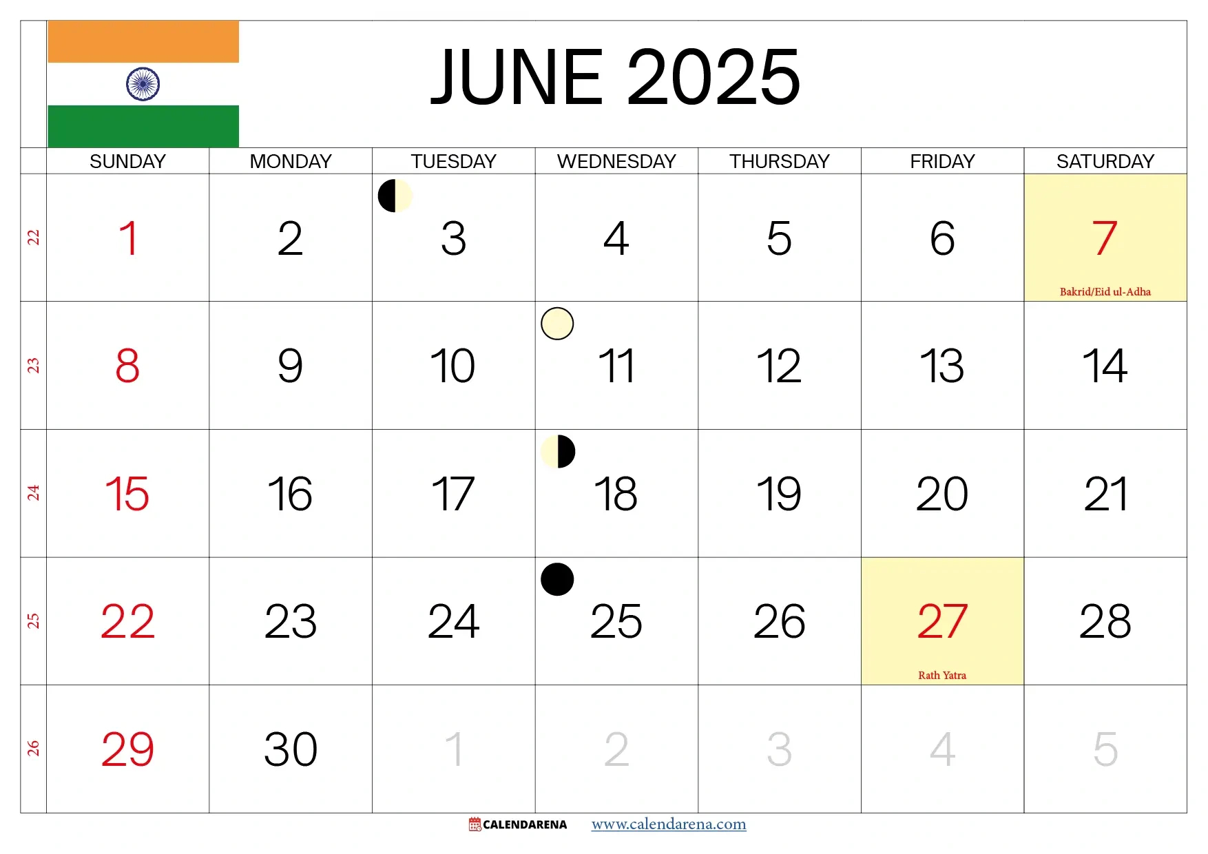 June 2025 Calendar India with Calendar For 2025 June