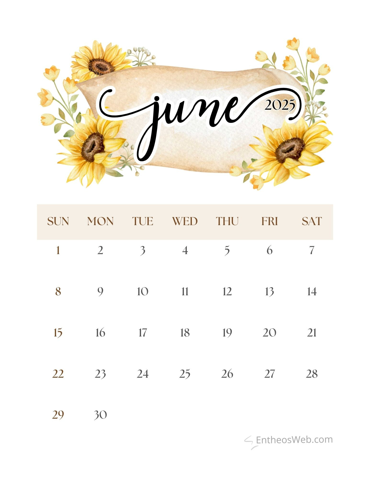 June 2025 Calendar Printables | Entheosweb within Sunflower June 2025 Calendar