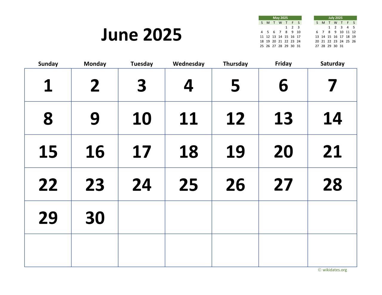 June 2025 Calendar With Extra-Large Dates | Wikidates with June 2025 Calendar Wiki