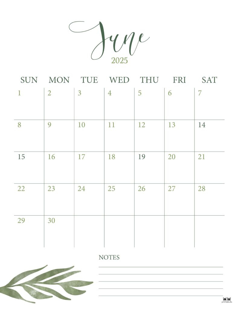 June 2025 Calendars - 107 Free Printables | Printabulls with regard to June 2025 Calendar with Notes