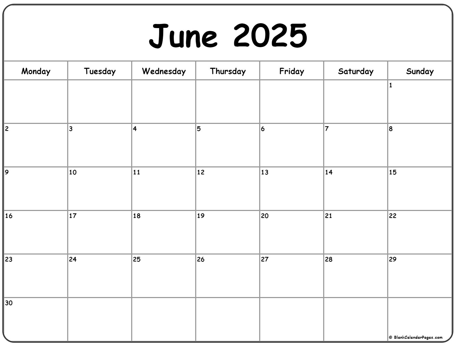 June 2025 Monday Calendar | Monday To Sunday pertaining to June 2025 Calendar Monday Start