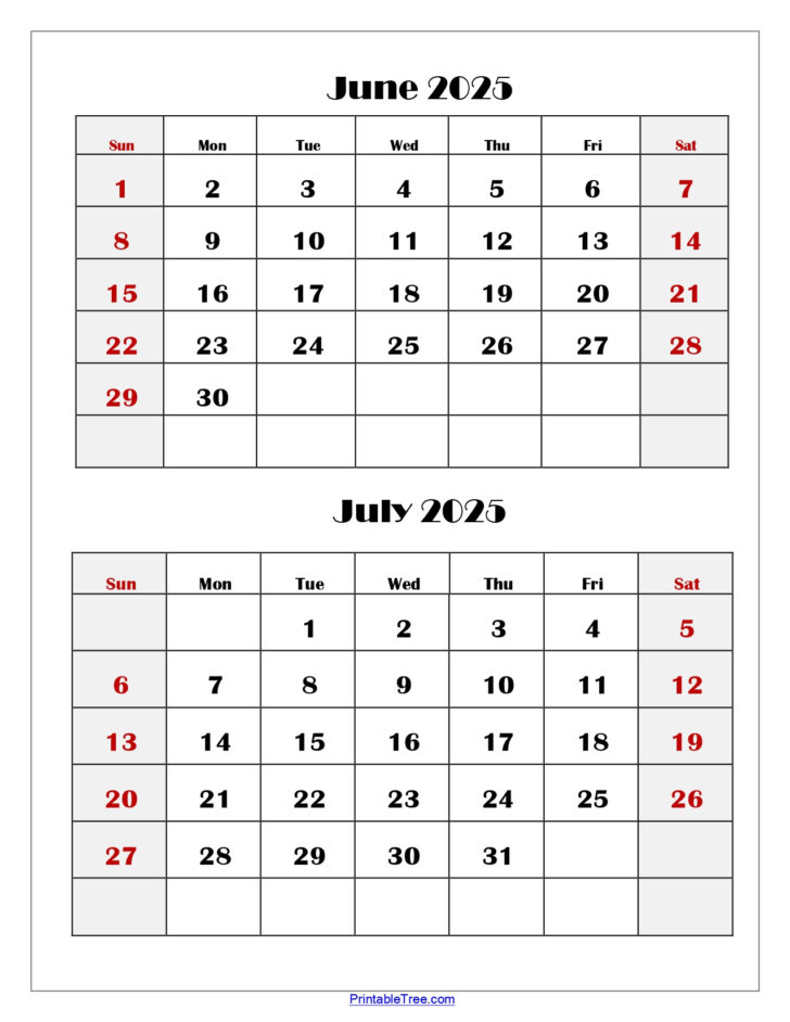 2025 June and July Calendar