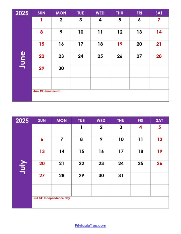 Calendar 2025 June and July