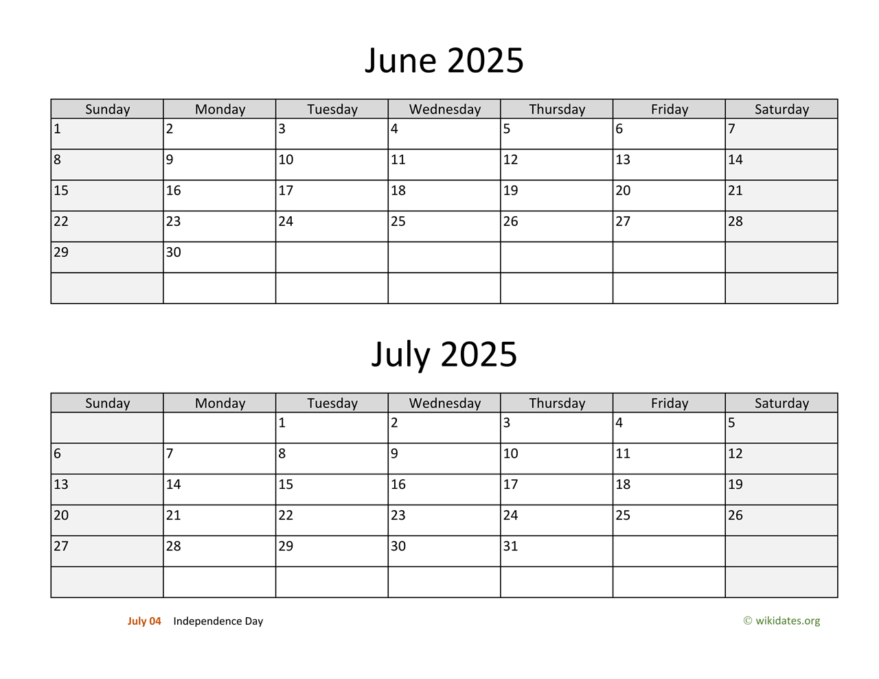 June And July 2025 Calendar | Wikidates with regard to June And July 2025 Editable Calendar