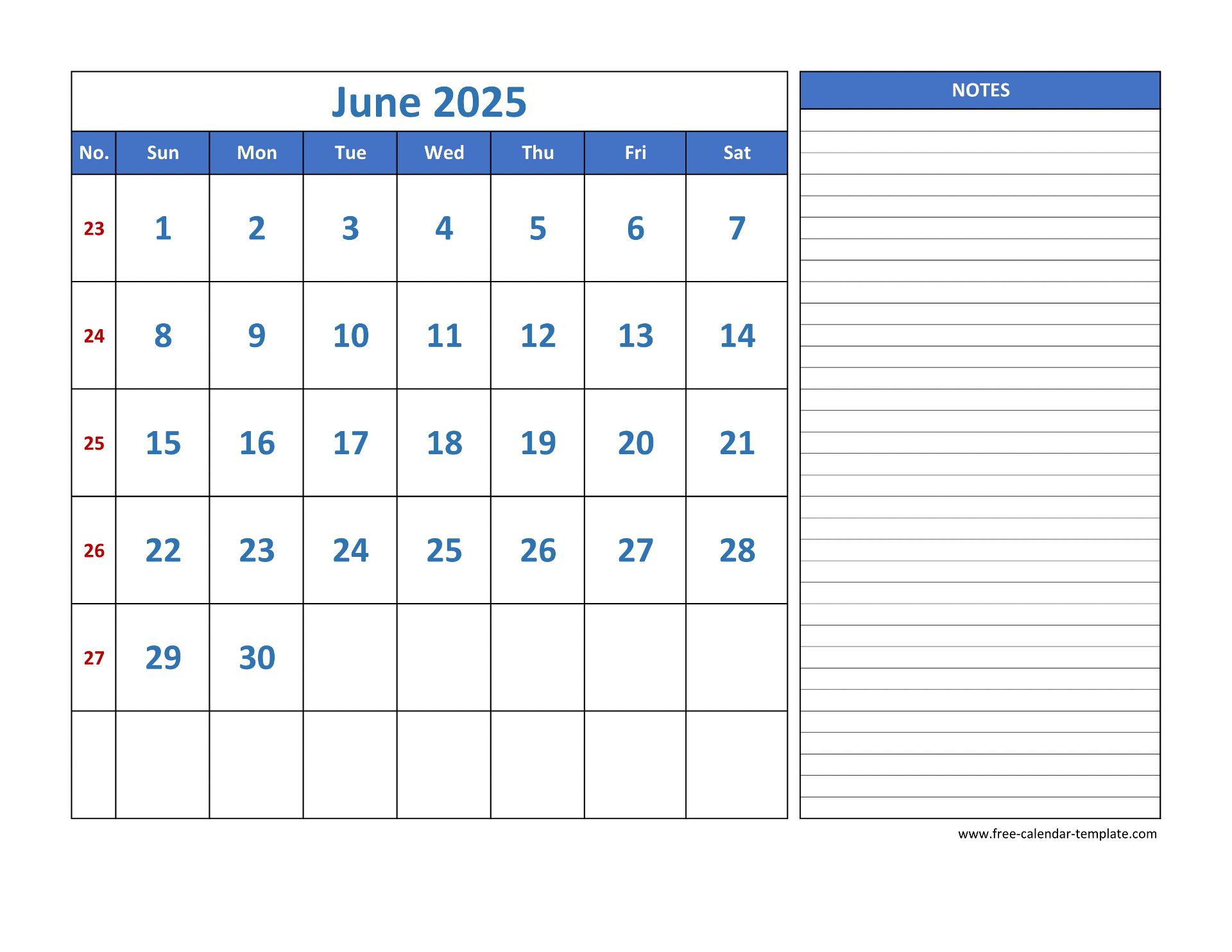 June Calendar 2025 Grid Lines For Holidays And Notes (Horizontal pertaining to June Calendar 2025 with Lines