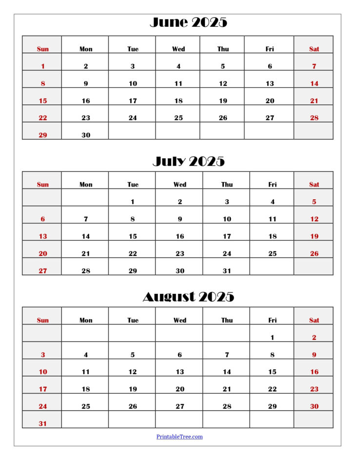 Printable 3 Month Calendar 2025 June July August