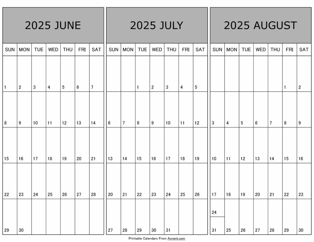 June To August Calendar 2025 Templates - Three Months with Printable 3 Month Calendar 2025 June July August