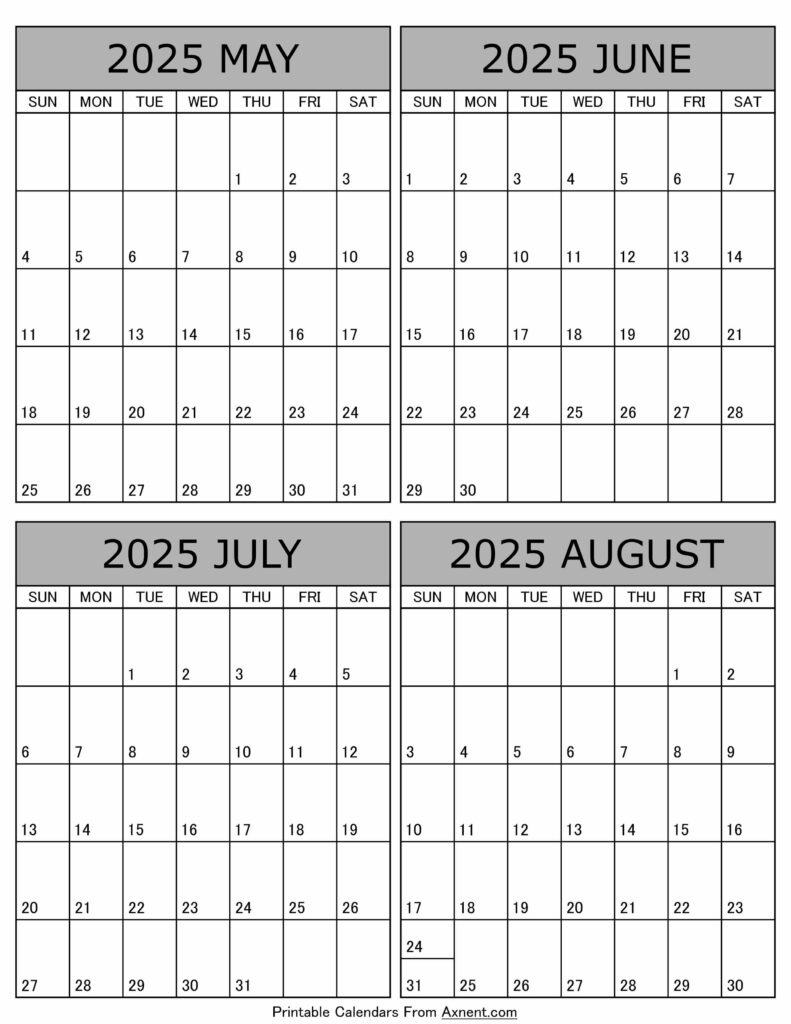 May To August 2025 Calendar Templates - Four Months inside June August Calendar 2025