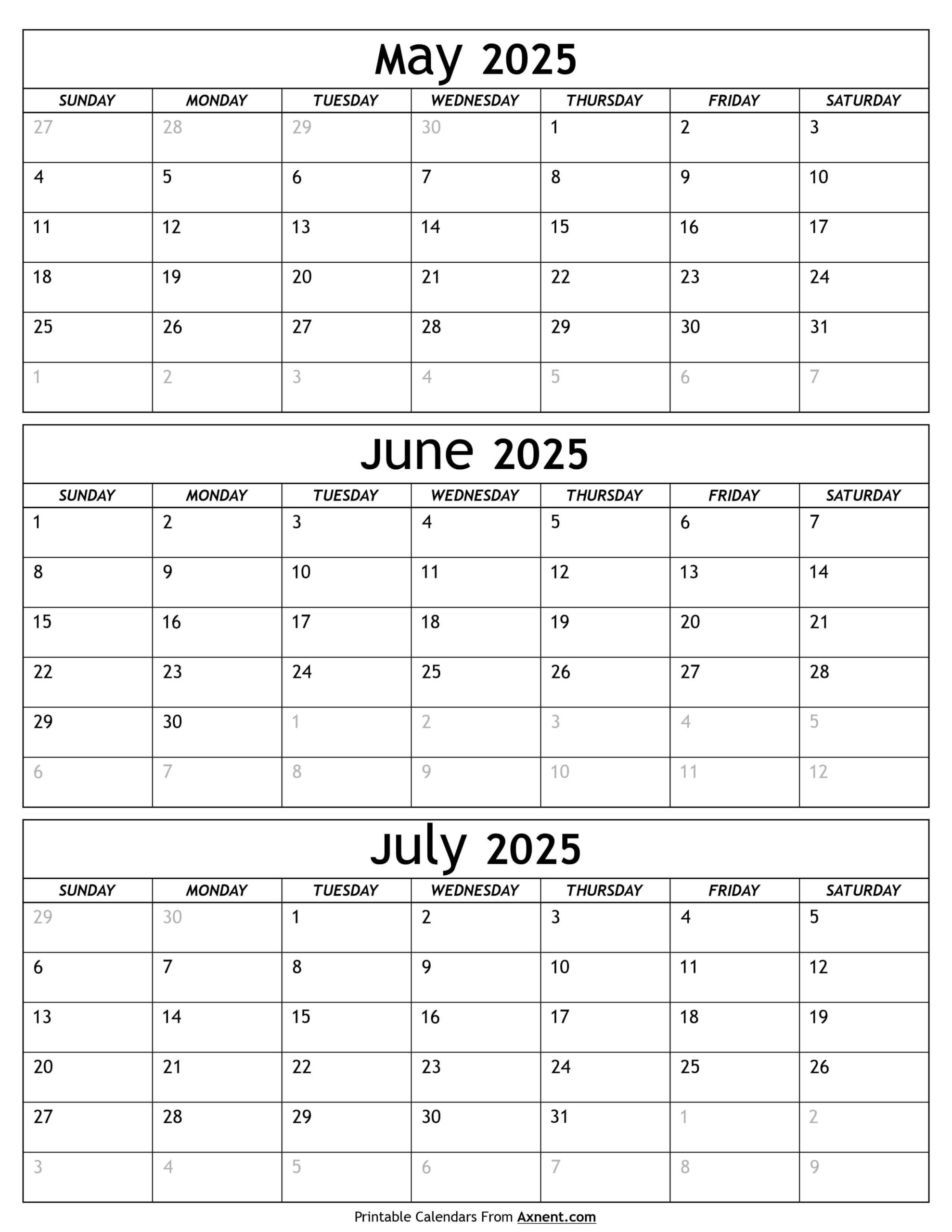 May To July Calendar 2025 Templates - Three Months inside Calendar 2025 May June July