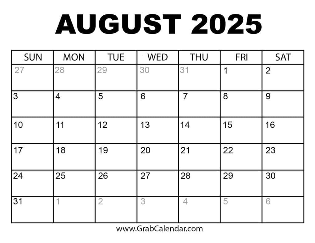 Printable August 2025 Calendar with Free Printable Calendar August 2024 - June 2025