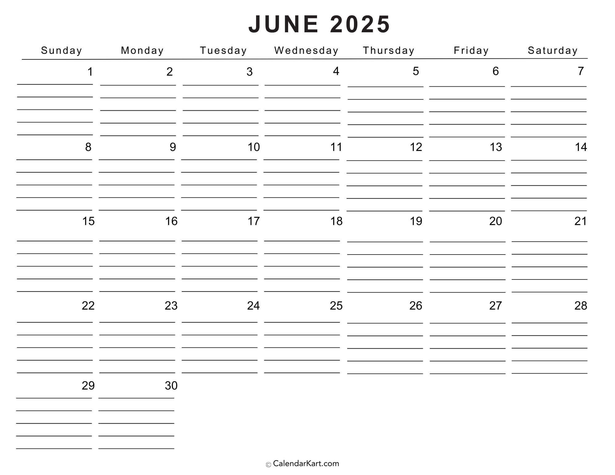 Printable Cute June 2025 Calendar Templates | Calendarkart inside June 2025 Calendar Fillable