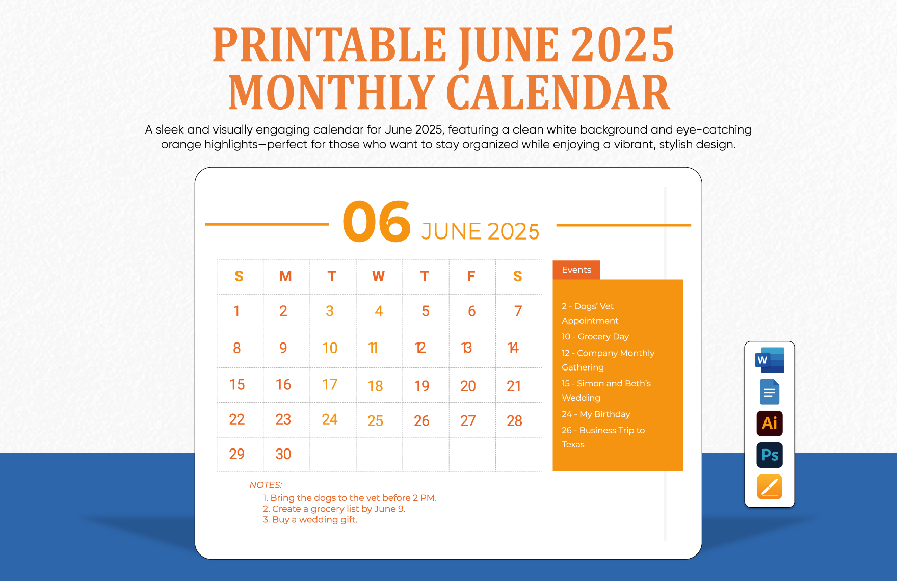 Printable June 2025 Monthly Calendar Template In Psd, Illustrator intended for Google Calendar June 2025