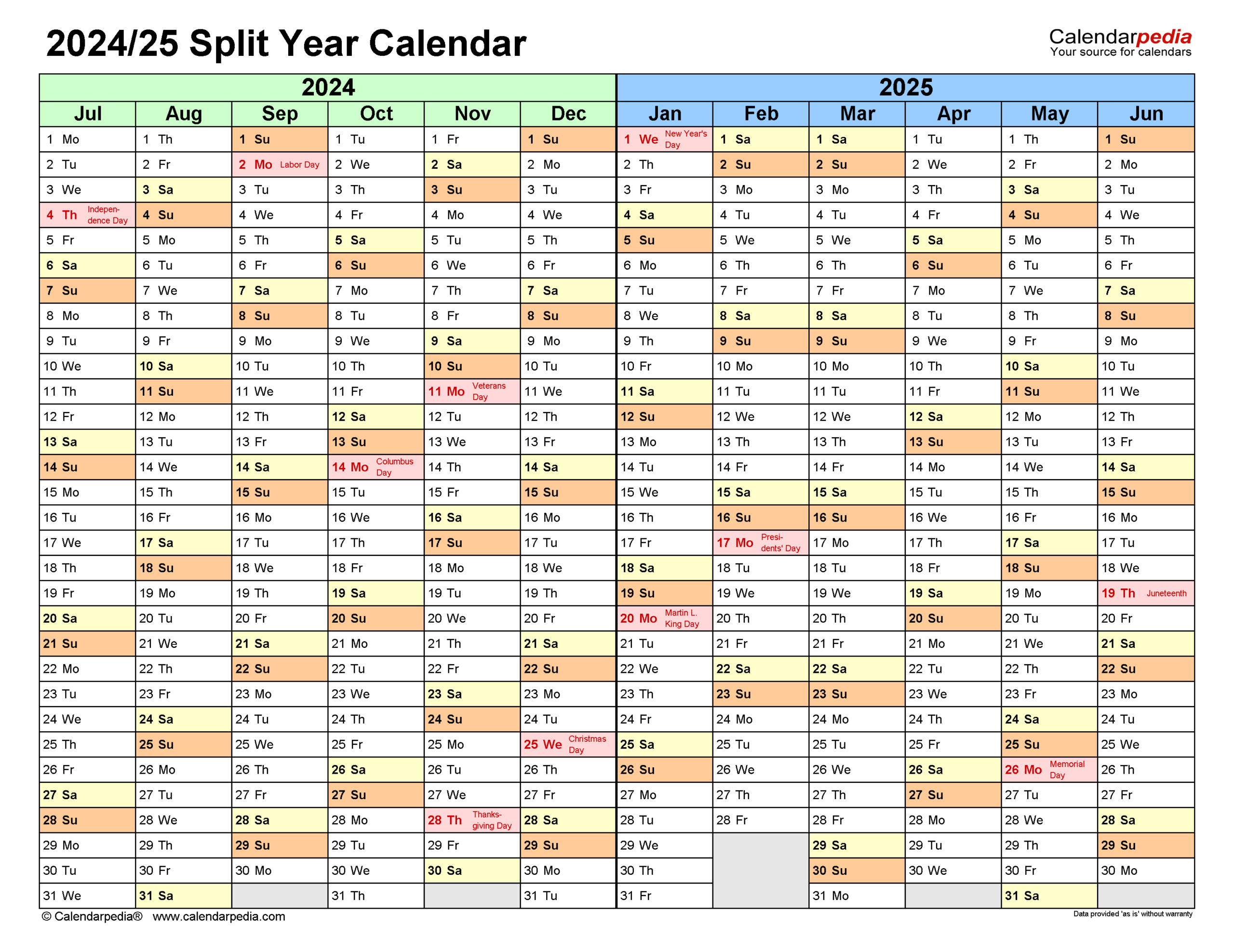 Split Year Calendars 2024/2025 (July To June) - Excel Templates inside July 2024 to June 2025 Calendar Template