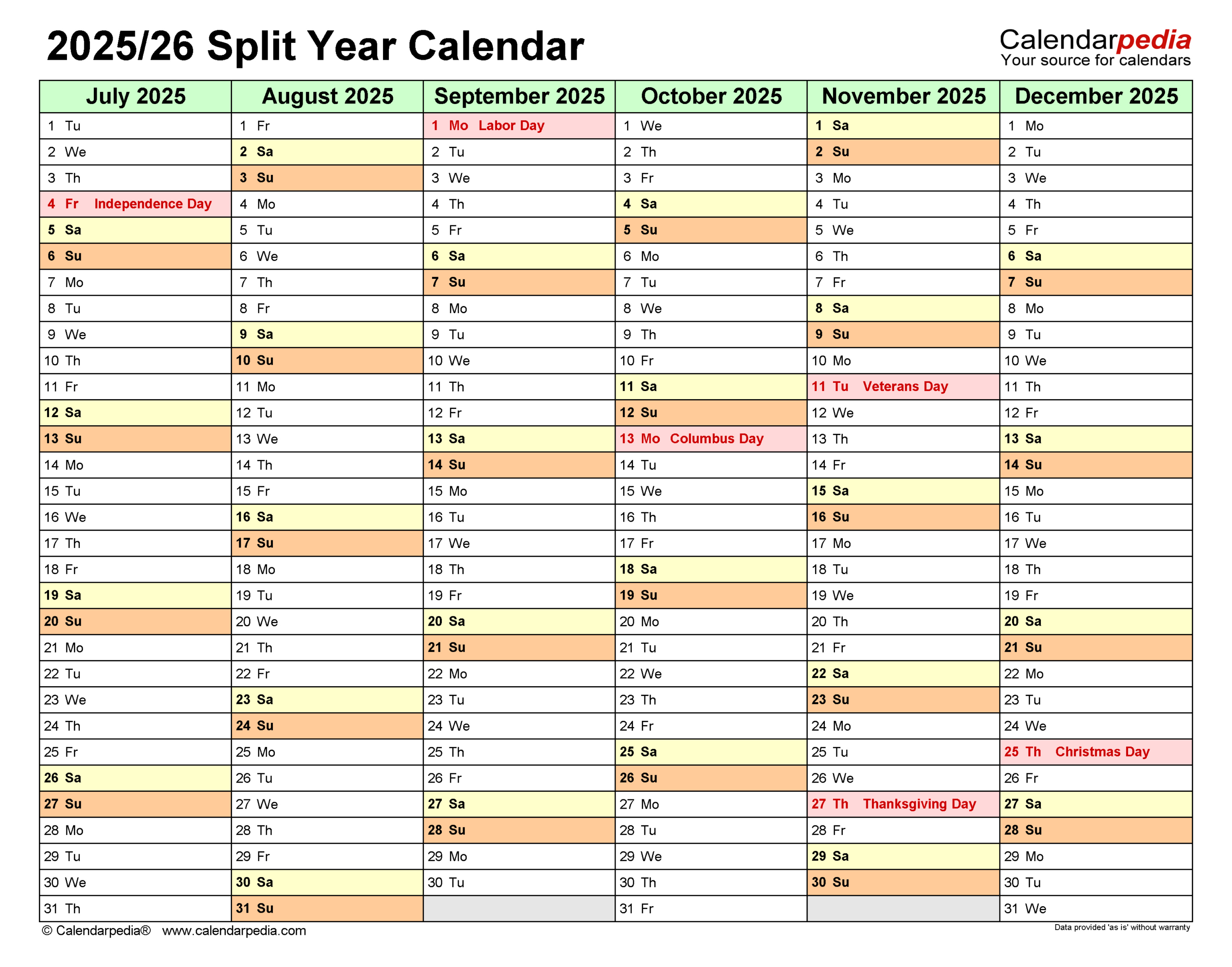 Split Year Calendars 2025/2026 (July To June) - Pdf Templates for June 2025 and July 2026 Calendar