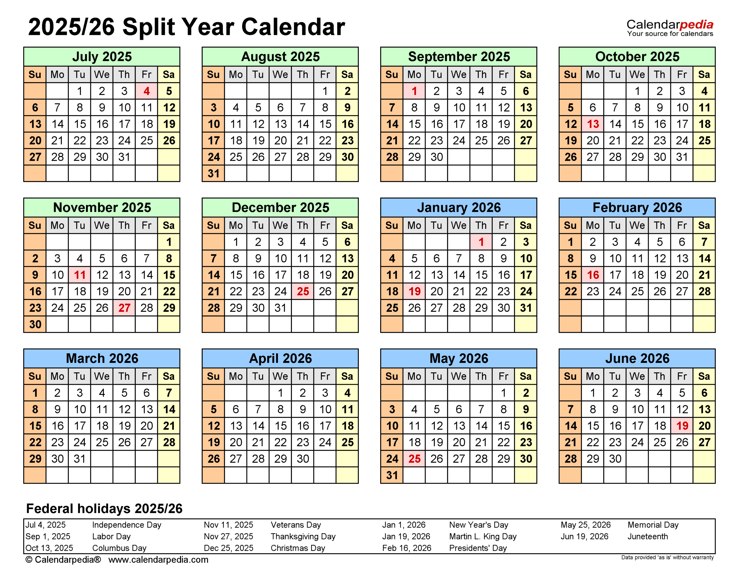 Split Year Calendars 2025/2026 (July To June) - Word Templates for June 2025 and July 2026 Calendar