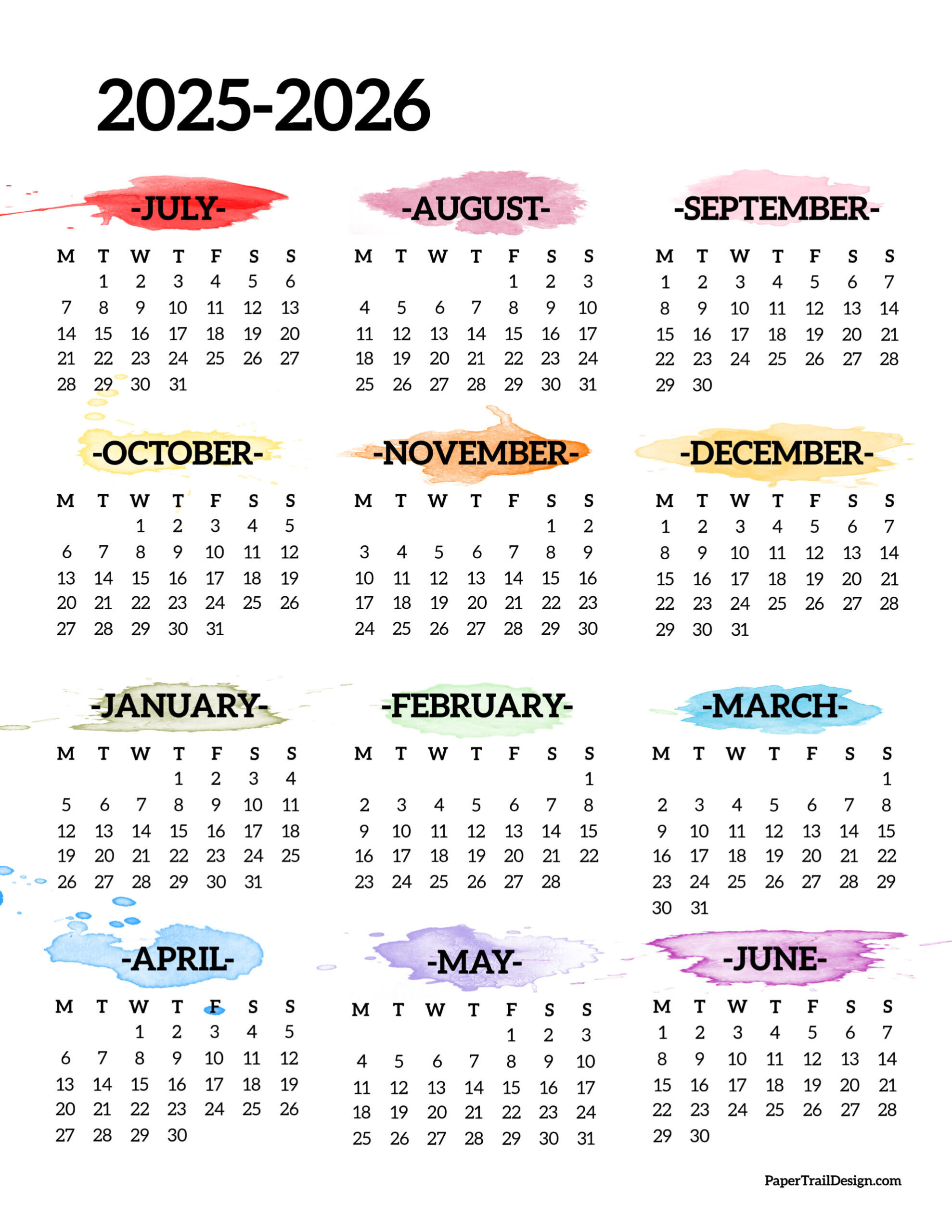 2025-2026 School Year Calendar Free Printable - Paper Trail Design pertaining to July 2025 to June 2026 School Calendar