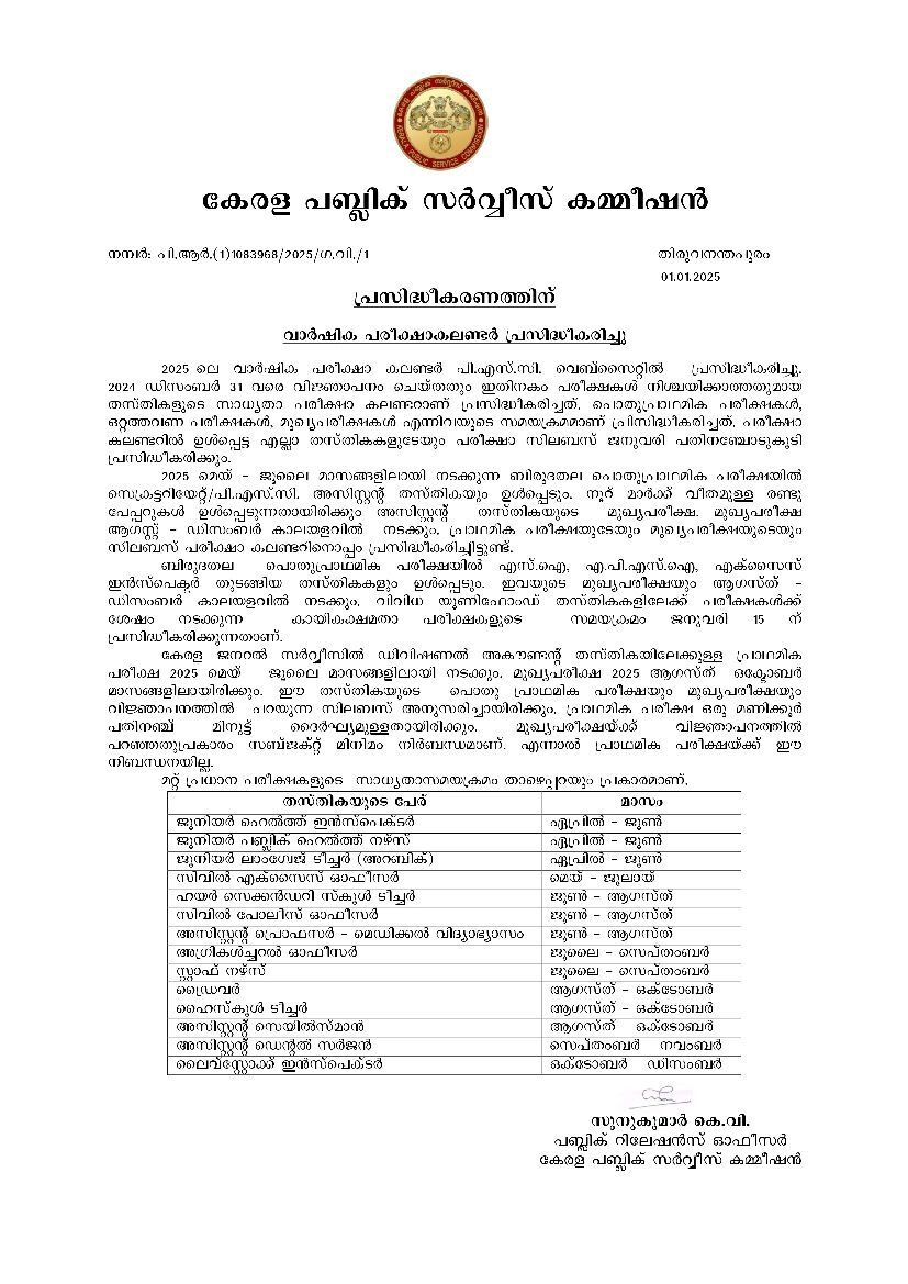 2025–ലെ പിഎസ്‌സി പരീക്ഷ കലണ്ടർ തയ്യാർ regarding Kerala Psc Exam Calendar July 2025