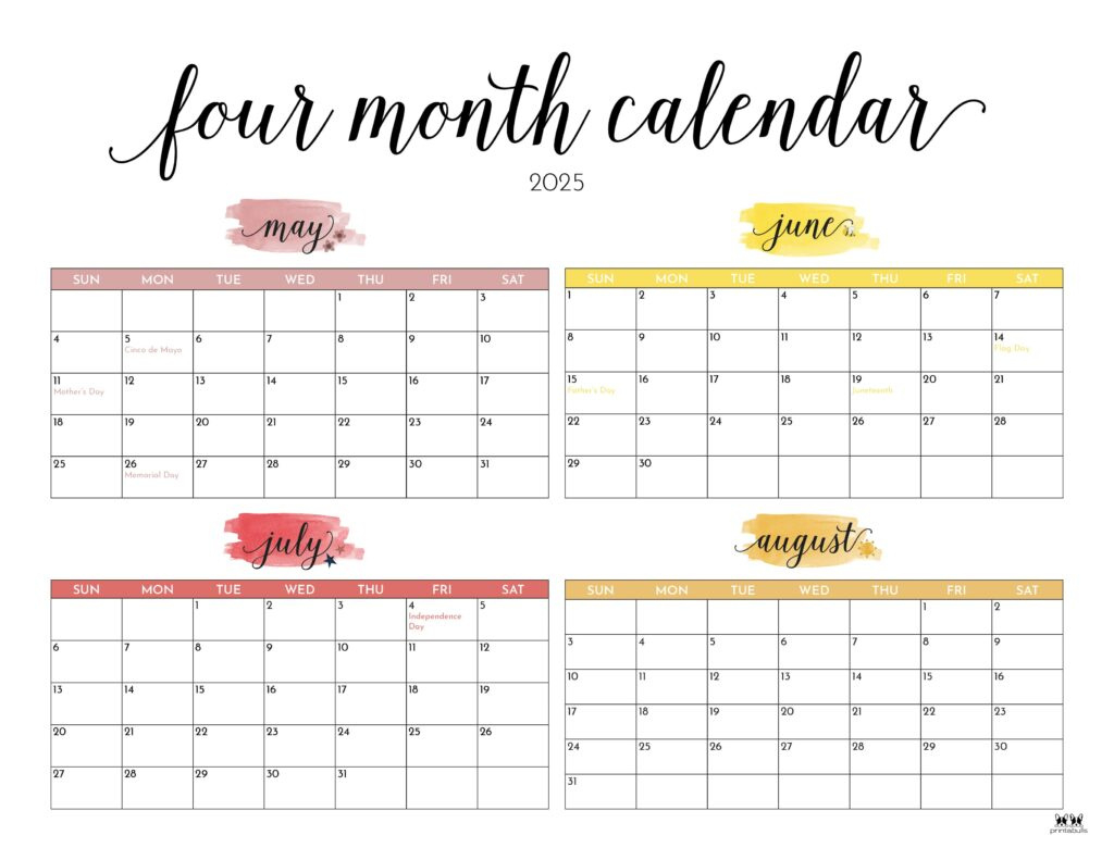 2025 Four Month Calendars - 31 Free Printables | Printabulls within 4 Month Calendar May June July August 2025