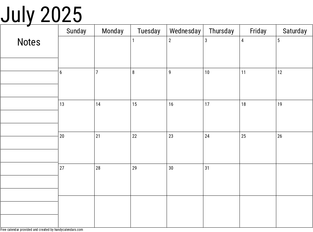 2025 July Calendars - Handy Calendars intended for July 2025 Calendar Printable with Notes