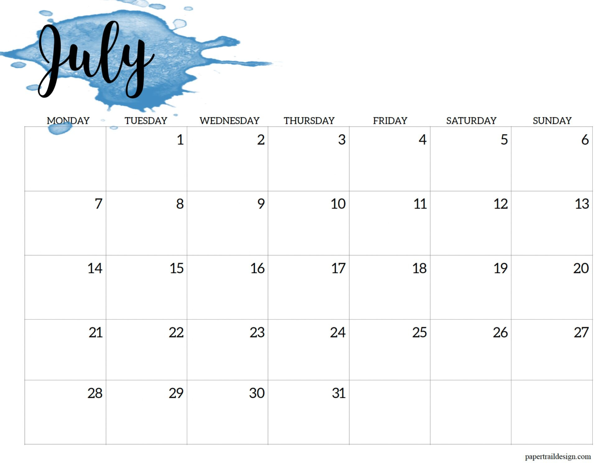 2025 Monday Start Calendar Printable - Watercolor - Paper Trail Design with regard to July Calendar 2025 Monday to Sunday