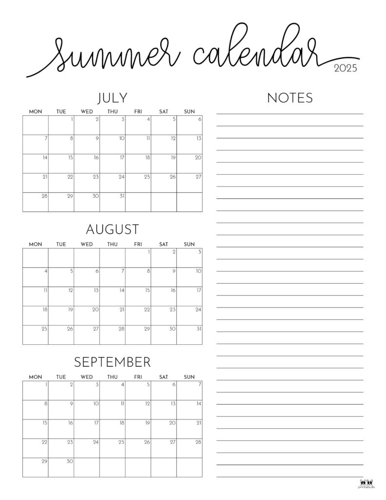 2025 Summer Calendars - 27 Free Printables | Printabulls throughout Free Printable Calendar 2025 July and August